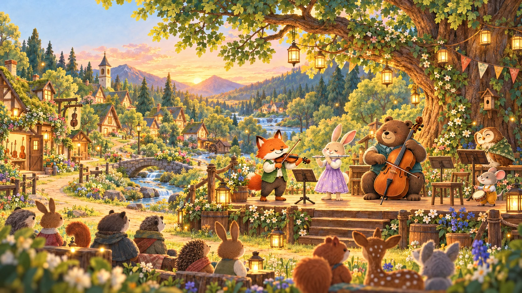 Pip the fox and his woodland friends play violin, flute, and cello on a lantern-lit stage in Fiddlewood.